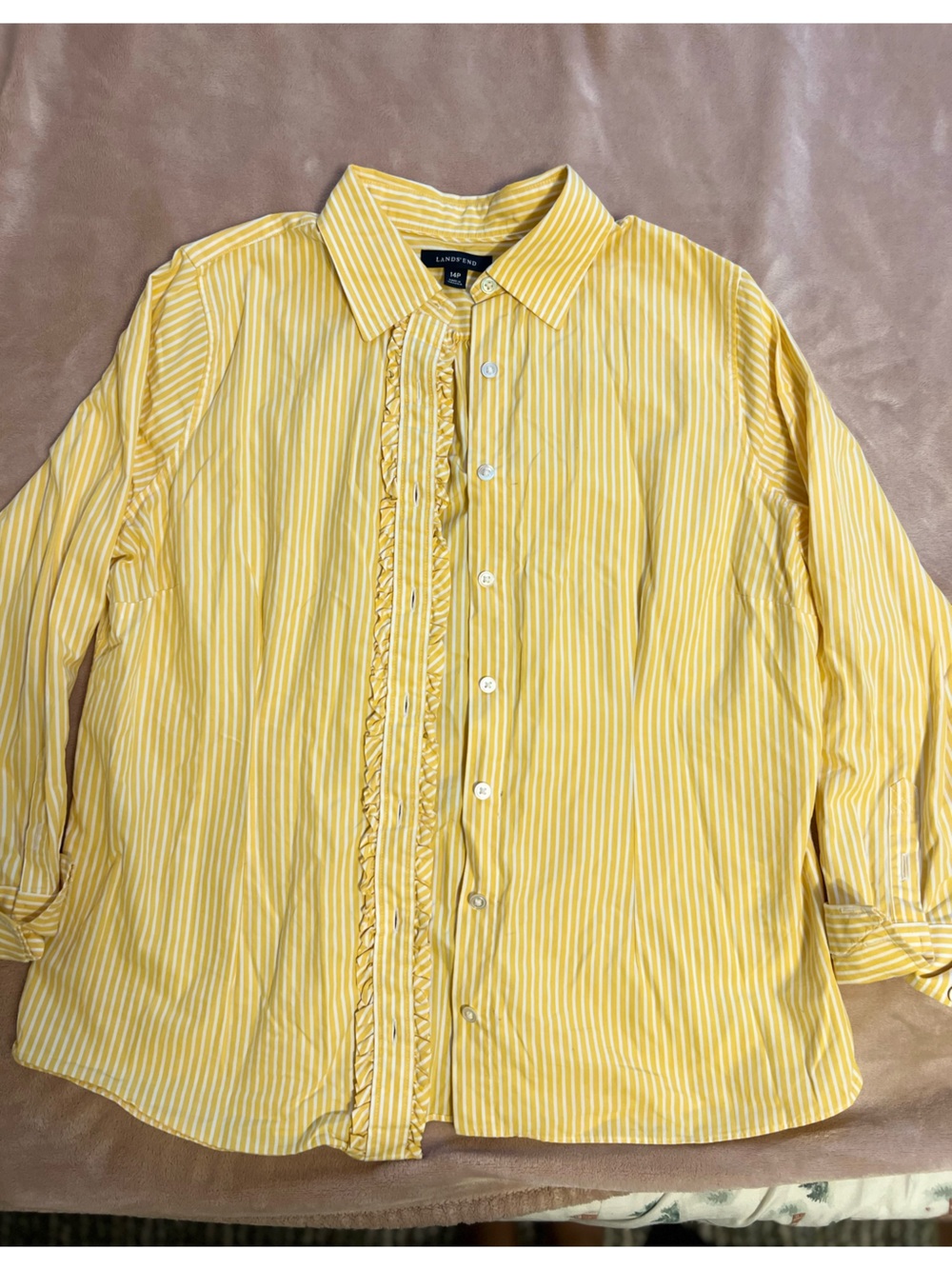Lands' End Yellow & White Striped Ruffle-Trim Women's Button Shirt
